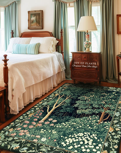 Medieval Forest Botanical Floor Rug | Woodland Botanical Emerald Green Vintage Aesthetic Mystic Book Nook Room Decor Magical Bedroom Theme |