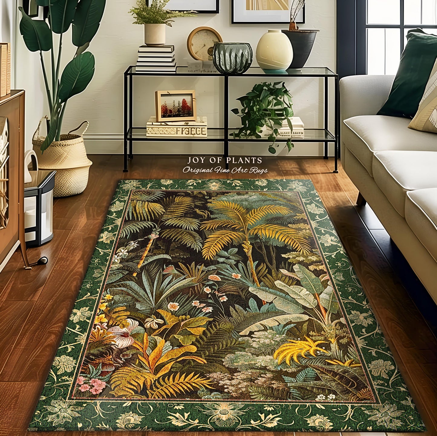 Maximalist Botanical Jungle Area Rug | Exotic Leaf Tropical Nature Theme Bedroom Decor Vintage Elegance Living Room Forest Floor Abstract |