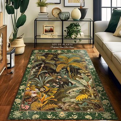 Maximalist Botanical Jungle Area Rug | Exotic Leaf Tropical Nature Theme Bedroom Decor Vintage Elegance Living Room Forest Floor Abstract |