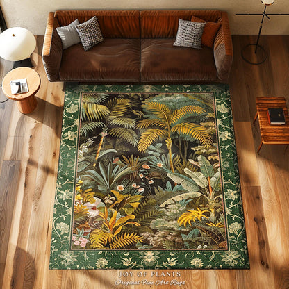 Maximalist Botanical Jungle Area Rug | Exotic Leaf Tropical Nature Theme Bedroom Decor Vintage Elegance Living Room Forest Floor Abstract |