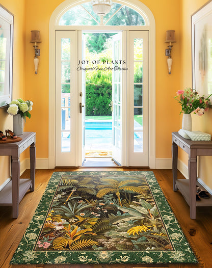 Maximalist Botanical Jungle Area Rug | Exotic Leaf Tropical Nature Theme Bedroom Decor Vintage Elegance Living Room Forest Floor Abstract |