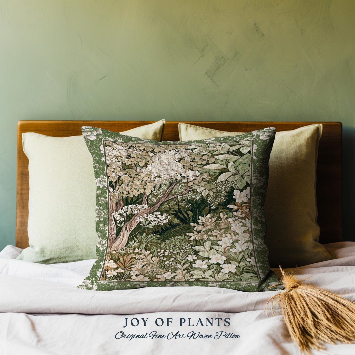 Soft Aesthetics Folklore Throw Pillow | Fairy Inspired Bedroom Cozy Cottagecore Room Decor Ethereal Nature Aesthetic Sage Green Indie Pillow