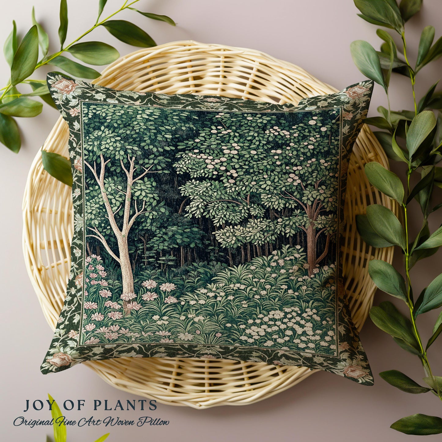 Medieval Forest Botanical Accent Pillow | Woodland Botanical Emerald Green Vintage Aesthetic Mystic Book Nook Cushion Magical Bedroom Theme