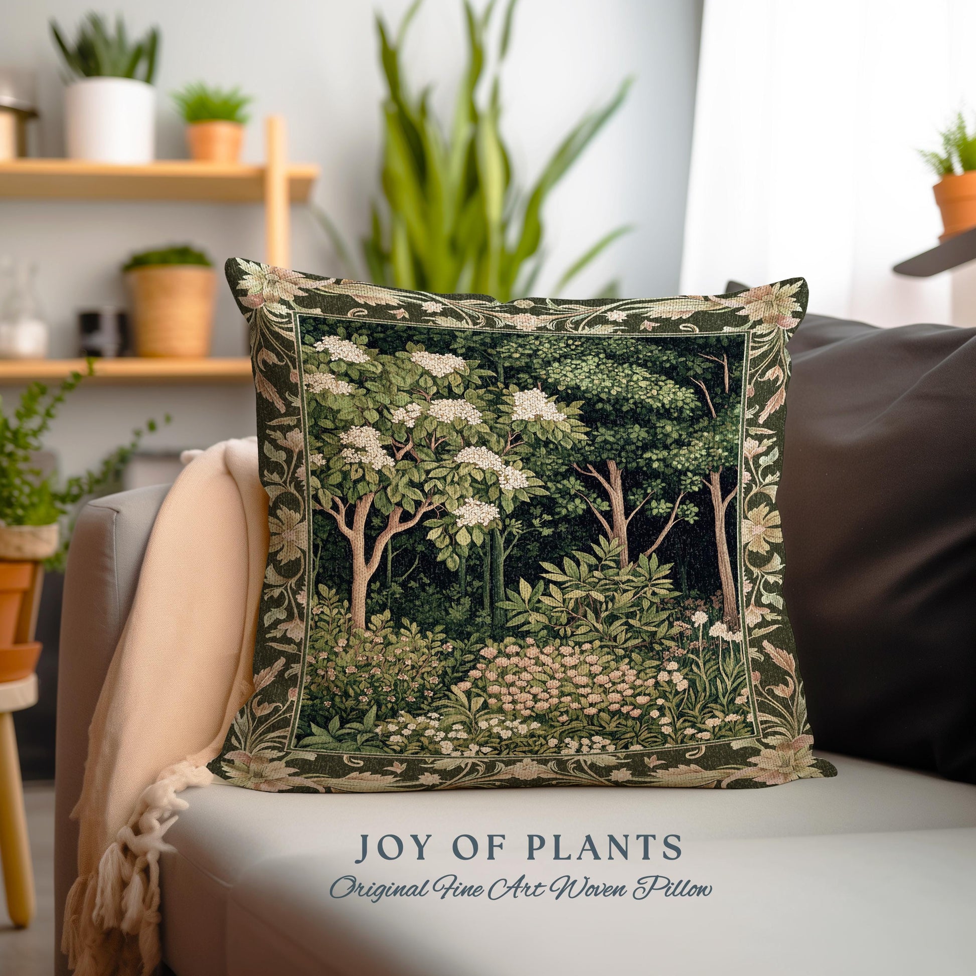 Emerald Green Medieval Tree Tapestry Pillow | Magical Woodland Cottagecore Aesthetic Nature Lover Book Nook Olive Green Decor Bohemian Cute