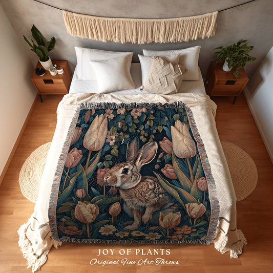 Floral Cottagecore Woven Rabbit Blanket Wildflower Tapestry Throw, Boho Vintage Whimsical Art Aesthetic Fairycore Goblincore Woodland Whimsy