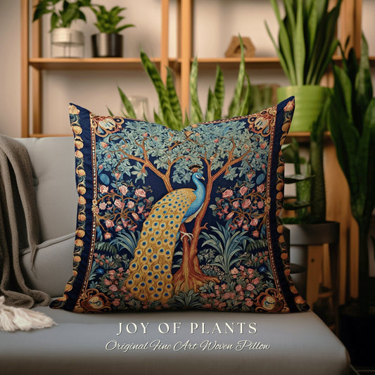 Elegant Peacock Home Decor Pillow | William Morris Inspired Peacock Woodland Decor Cushion Botanical Ornate Home Decor Eclectic Accent Throw