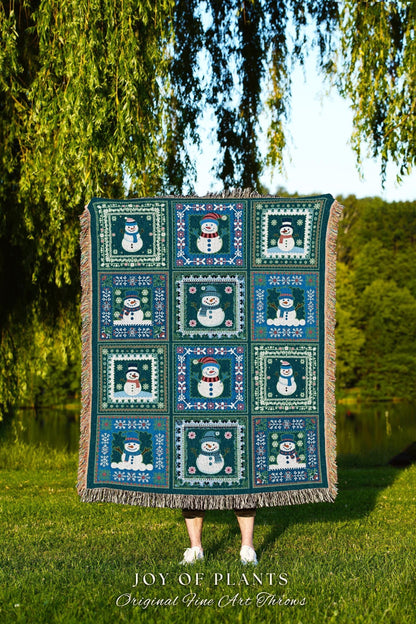 Retro Snowman Scandinavian Art Tapestry Throw Checkered Frosty Blue Green Winter Blanket | Vintage Holiday Winter Wonderland Christmas Decor