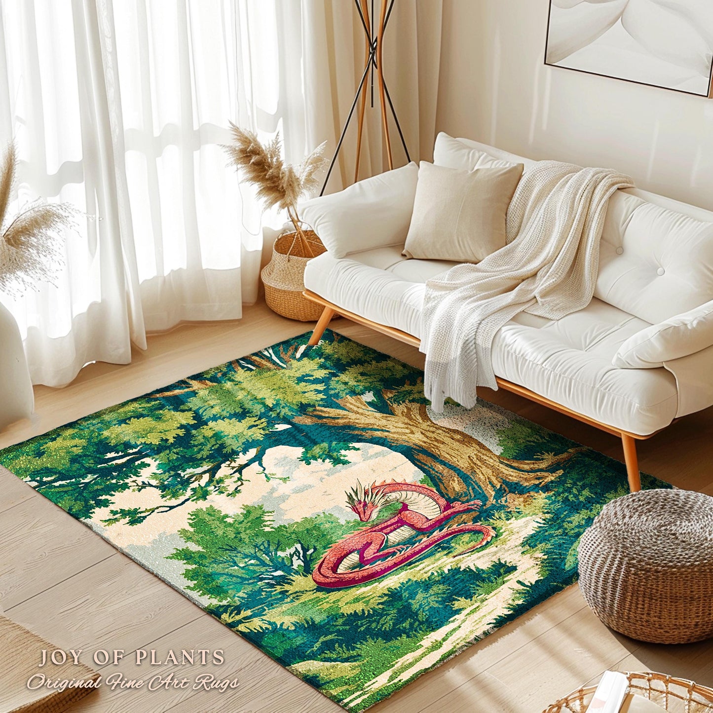 Enchanted Red Dragon Rug Mystical Forest Scene Fantasy Goblincore, Medieval Forestcore Home Accent Whimsical Mystic Creature Woodland Decor