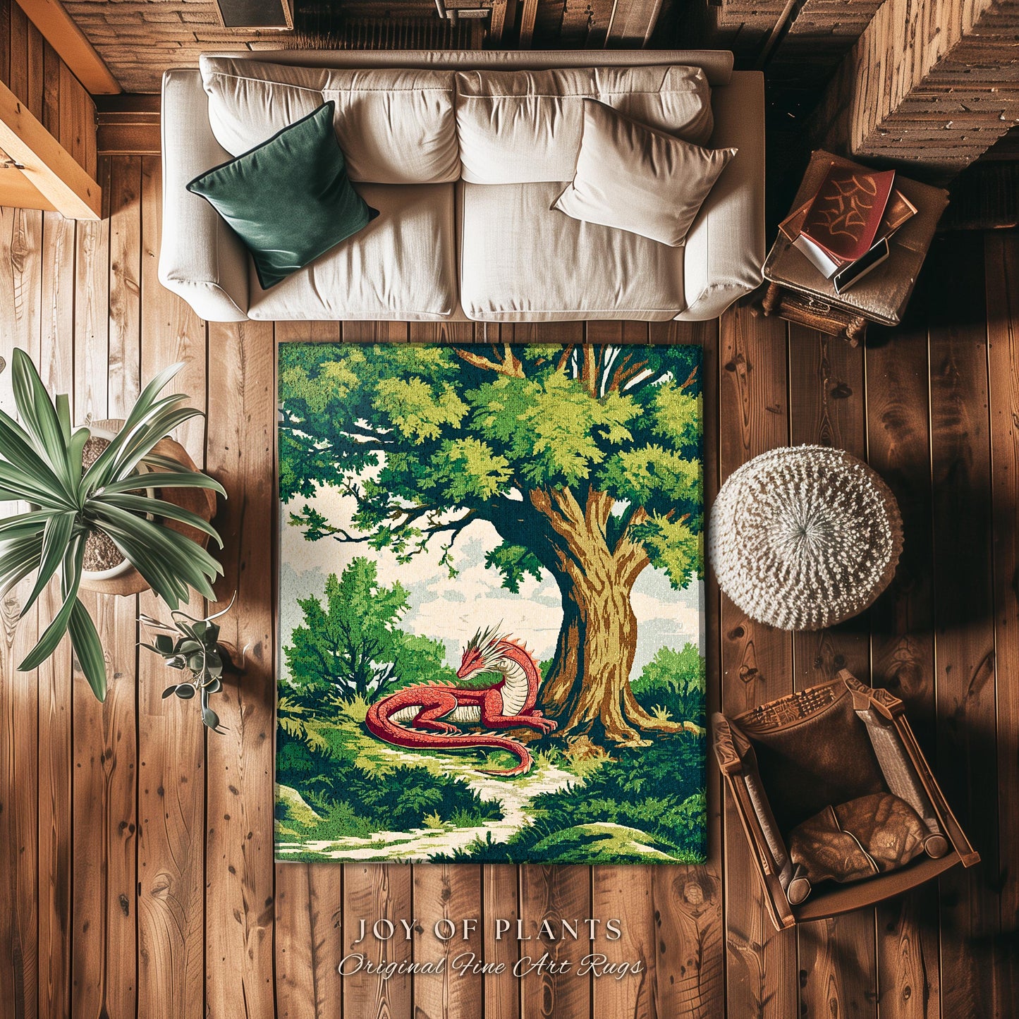 Enchanted Red Dragon Rug Mystical Forest Scene Fantasy Goblincore, Medieval Forestcore Home Accent Whimsical Mystic Creature Woodland Decor