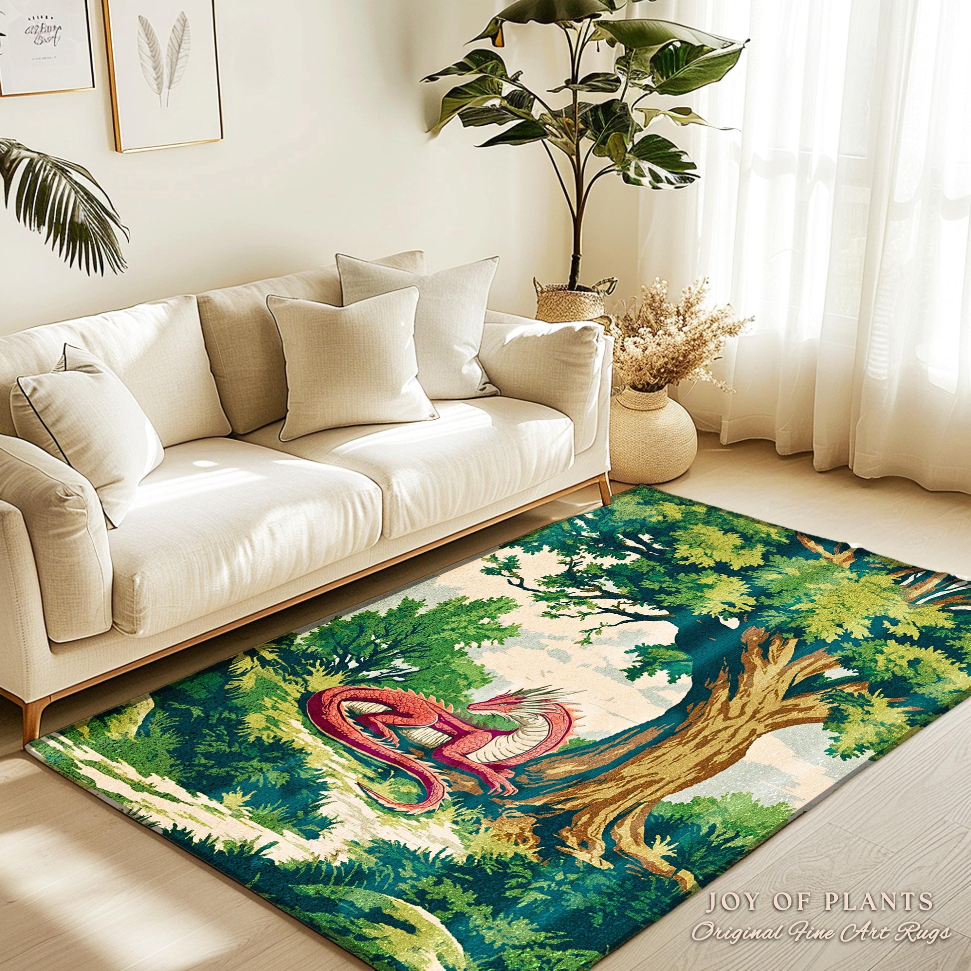 Enchanted Red Dragon Rug Mystical Forest Scene Fantasy Goblincore, Medieval Forestcore Home Accent Whimsical Mystic Creature Woodland Decor