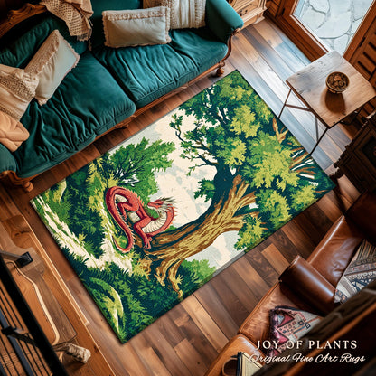 Enchanted Red Dragon Rug Mystical Forest Scene Fantasy Goblincore, Medieval Forestcore Home Accent Whimsical Mystic Creature Woodland Decor