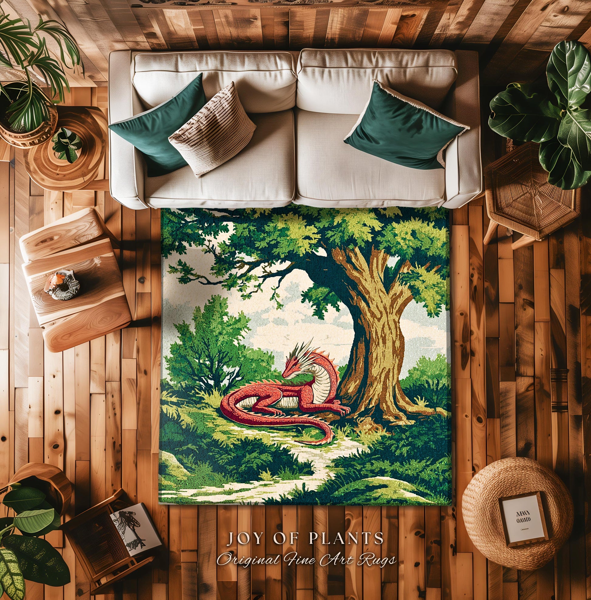 Enchanted Red Dragon Rug Mystical Forest Scene Fantasy Goblincore, Medieval Forestcore Home Accent Whimsical Mystic Creature Woodland Decor