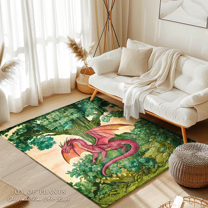 Magical Dragon Rug Mystical Woodland Forest Fantasy Decor | Whimsical Medieval Dragon Landscape Art Light Academia Vintage Fairytale Whimsy