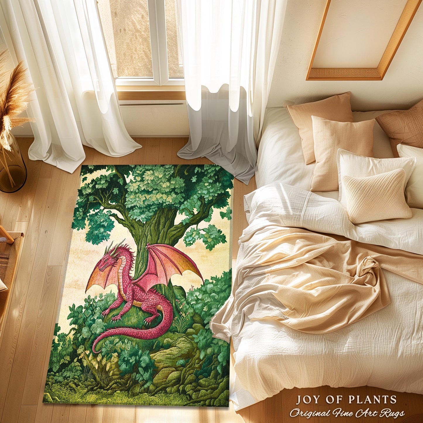 Magical Dragon Rug Mystical Woodland Forest Fantasy Decor | Whimsical Medieval Dragon Landscape Art Light Academia Vintage Fairytale Whimsy