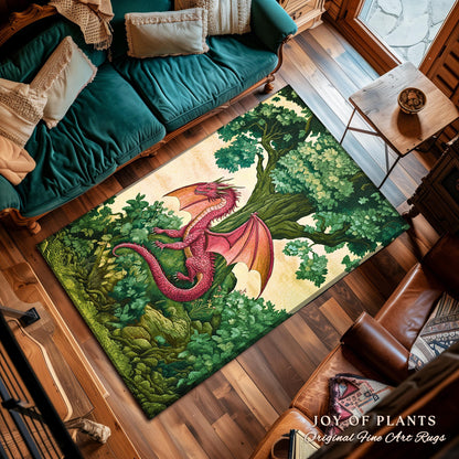 Magical Dragon Rug Mystical Woodland Forest Fantasy Decor | Whimsical Medieval Dragon Landscape Art Light Academia Vintage Fairytale Whimsy