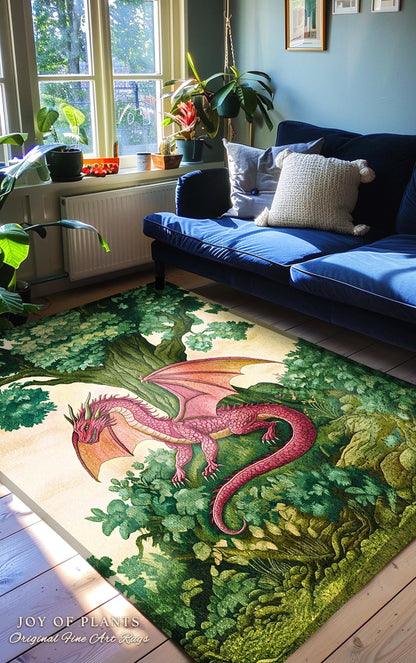 Magical Dragon Rug Mystical Woodland Forest Fantasy Decor | Whimsical Medieval Dragon Landscape Art Light Academia Vintage Fairytale Whimsy