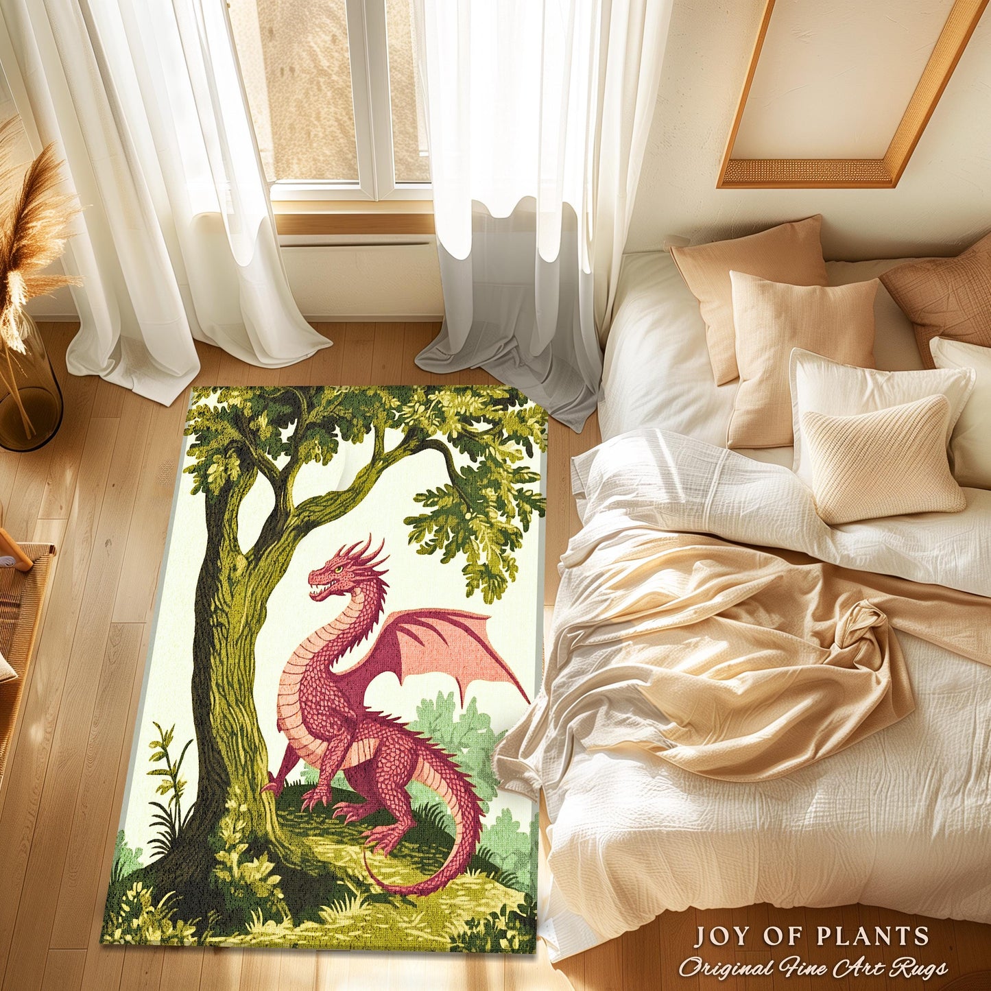 Pastoral Dragon Rug Light Academia Inspired Woodland Cottagecore Goblincore, Rustic Folklore Home Decor Forestcore Medieval Aesthetic Art