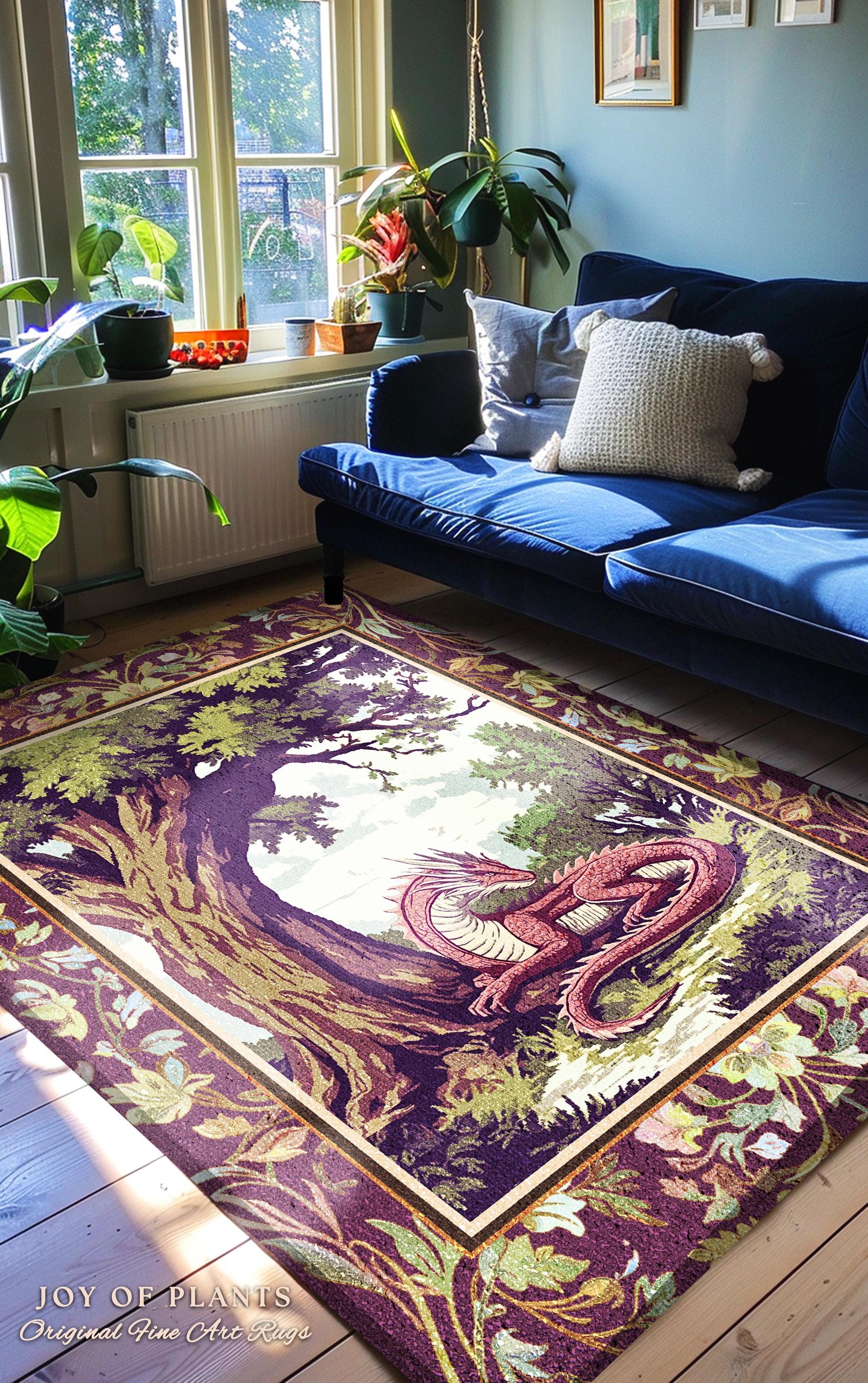 Ethereal Woodland Dragon Rug Whimsigothic Fantasy Art Nouveau Cottagecore | Rustic Fairycore Magic Cottagegoth Decor Enchanted Gothic Forest