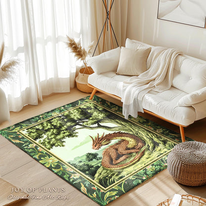 Woodland Dragon Rug Enchanted Forest Tree Folklore Cottagecore Home, Mystical Medieval Aesthetic Sage Green Accent Rustic Fantasy Goblincore