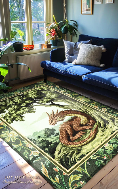 Woodland Dragon Rug Enchanted Forest Tree Folklore Cottagecore Home, Mystical Medieval Aesthetic Sage Green Accent Rustic Fantasy Goblincore