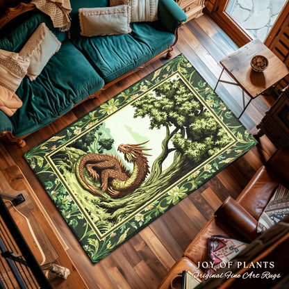 Woodland Dragon Rug Enchanted Forest Tree Folklore Cottagecore Home, Mystical Medieval Aesthetic Sage Green Accent Rustic Fantasy Goblincore