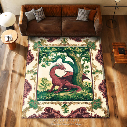 Goblincore Dragon Rug Scandinavian Woodland Fantasy Country Cottagecore | Mystical Mythical Decor Rustic Medieval Folk Art Retro Home Accent