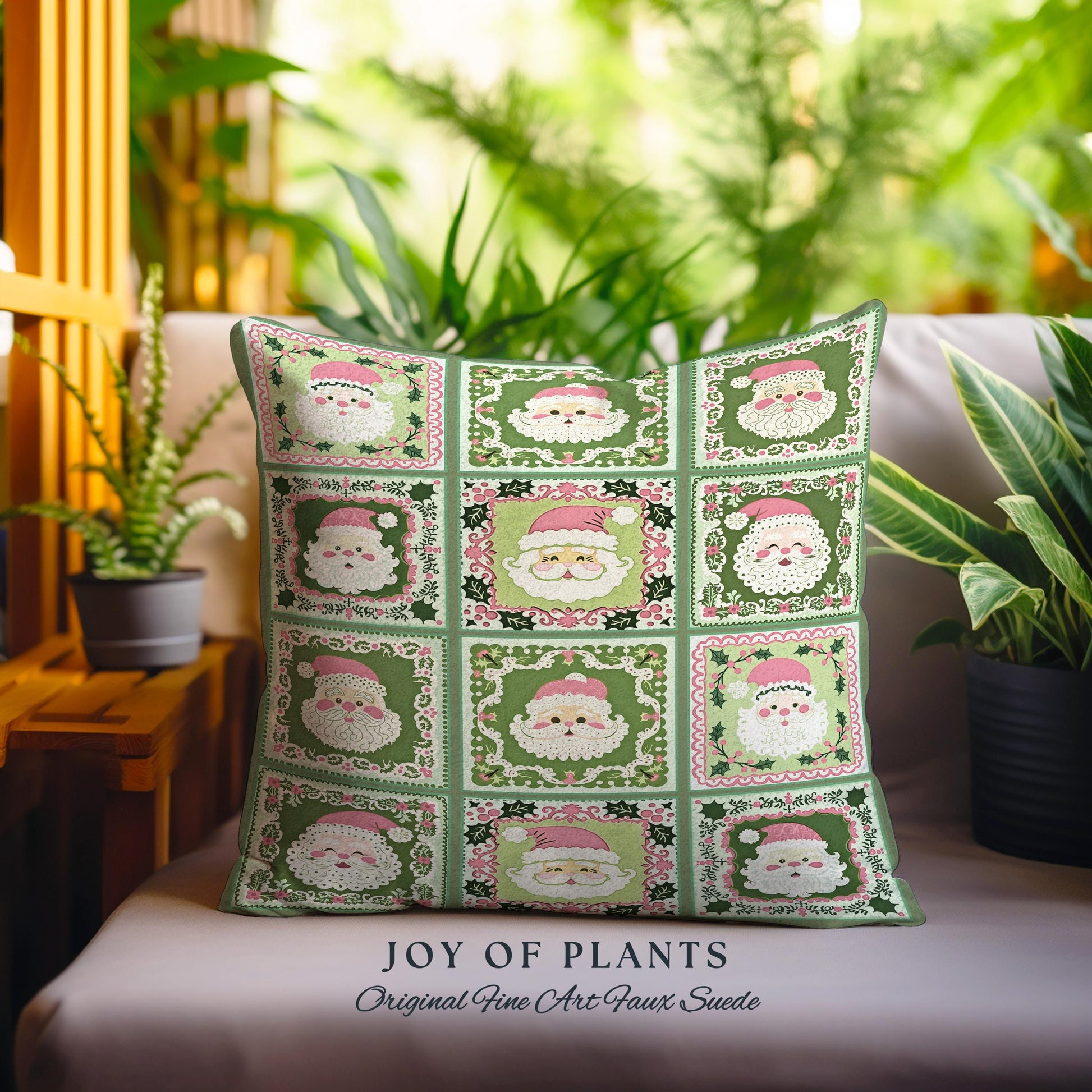 Jolly Santa Patchwork Holiday Pillow Retro Green Christmas Decor | Nostalgic Claus Tapestry Cushion Cozy Winter Festive Country Cottage Chic