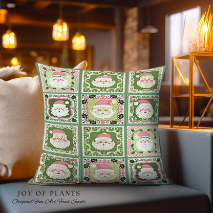 Jolly Santa Patchwork Holiday Pillow Retro Green Christmas Decor | Nostalgic Claus Tapestry Cushion Cozy Winter Festive Country Cottage Chic