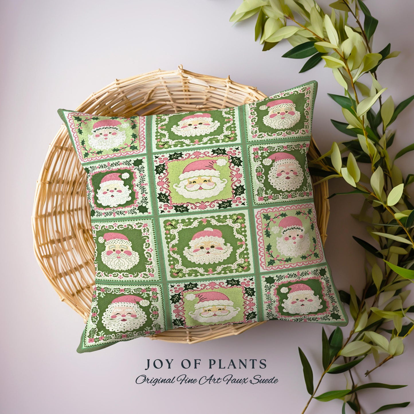 Jolly Santa Patchwork Holiday Pillow Retro Green Christmas Decor | Nostalgic Claus Tapestry Cushion Cozy Winter Festive Country Cottage Chic