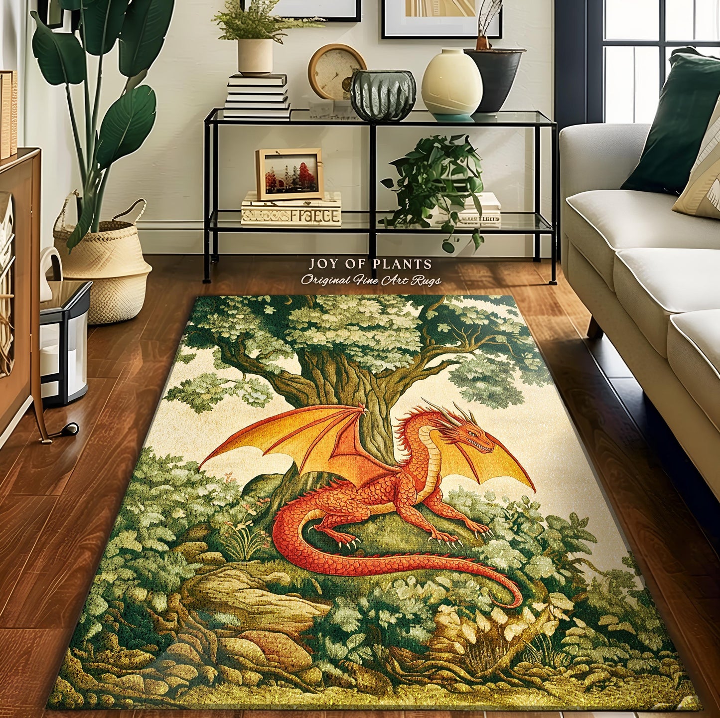 Whimsical Red Dragon Rug Antique Forest Scene Woodland Gothic Whimsy, Light Academia Aesthetic Medieval Inspired Mystical Fantasy Home Decor