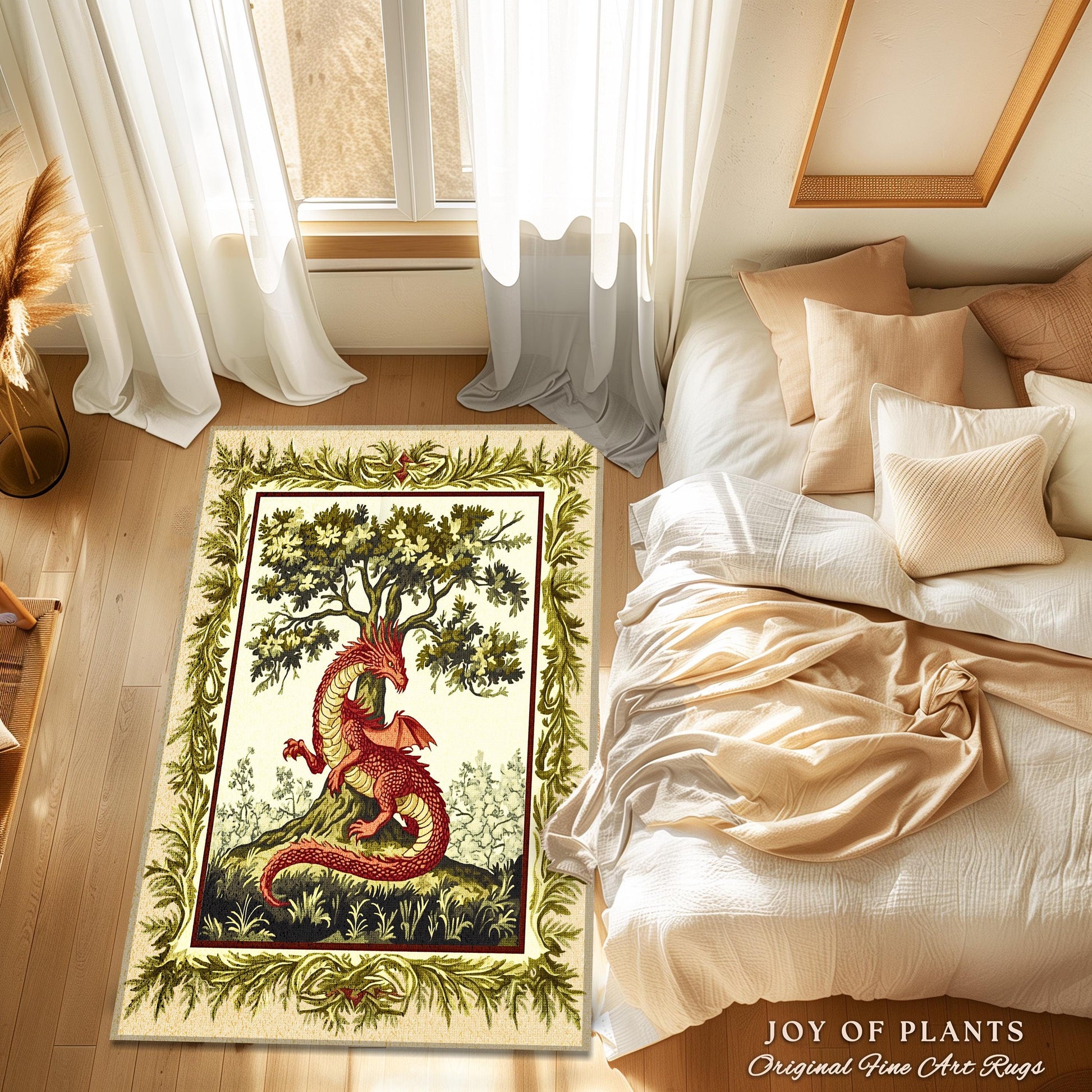 Light Academia Dragon Rug Whimsical Woodland Goblincore French Country Cottagecore, Magical Mythical Creature Decor Rustic Whimsigothic Home