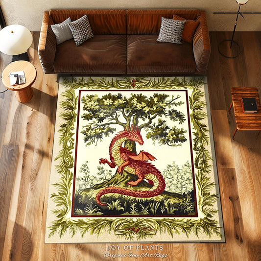 Light Academia Dragon Rug Whimsical Woodland Goblincore French Country Cottagecore, Magical Mythical Creature Decor Rustic Whimsigothic Home