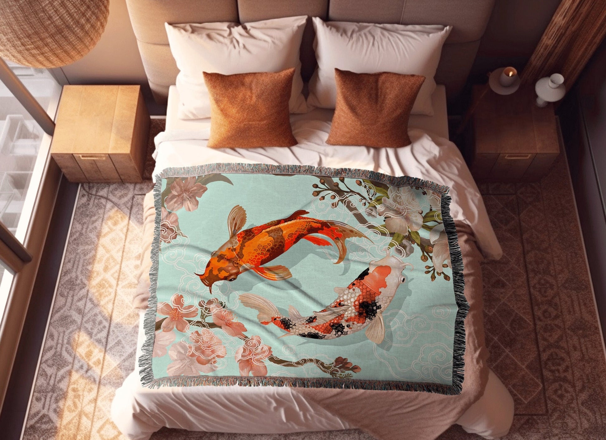 Woven Tapestry Koi Fish Aesthetic | Vintage Japanese Art Tapestry | Japanese Koi Fish Art Blanket | Art Print Woven Blanket Japanese Decor |