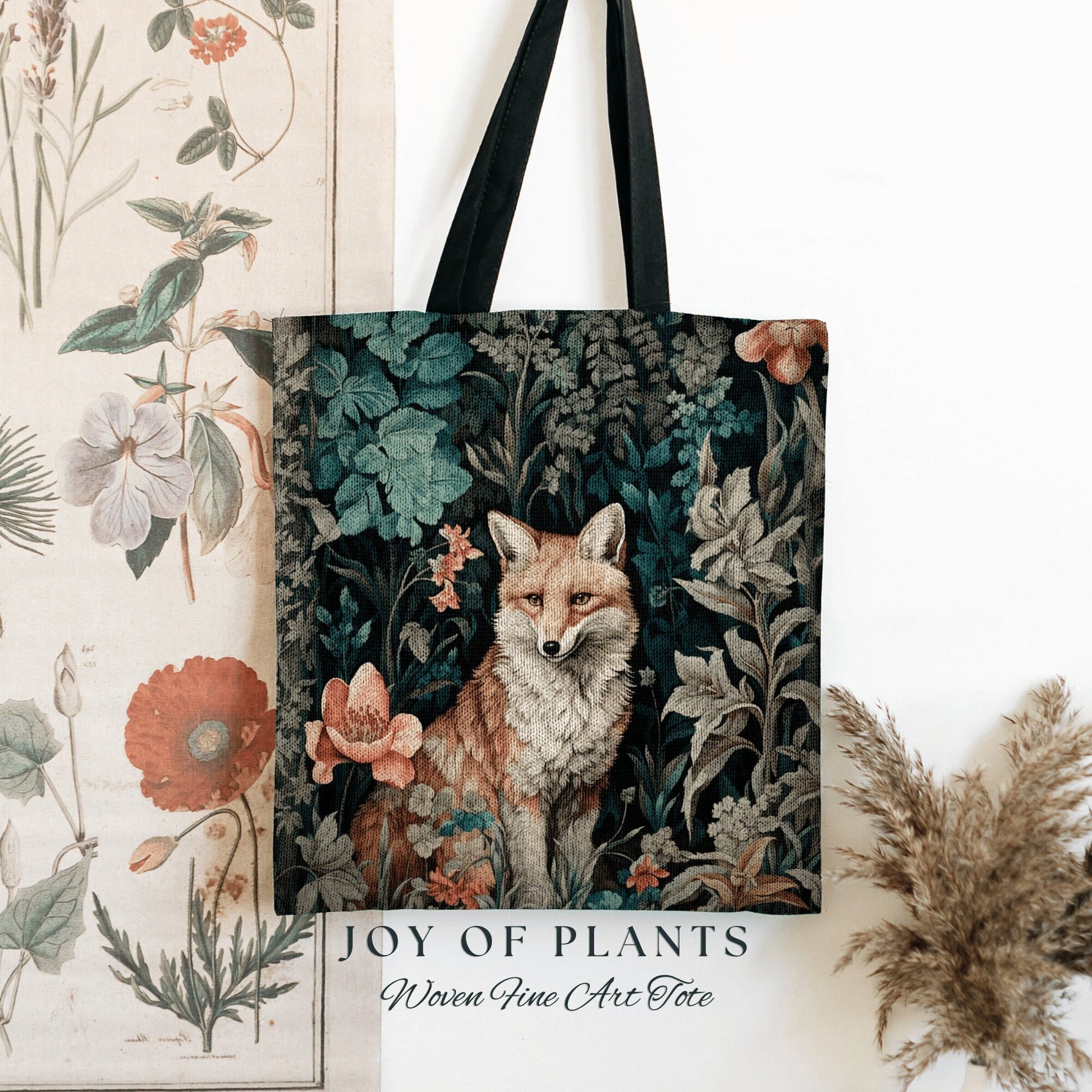 Woodland Fox Woven Tote Bag | William Morris Inspired Tote Botanical Aesthetic Maximalist Tapestry Tote Woven Victorian Fairy Core Fox Tote