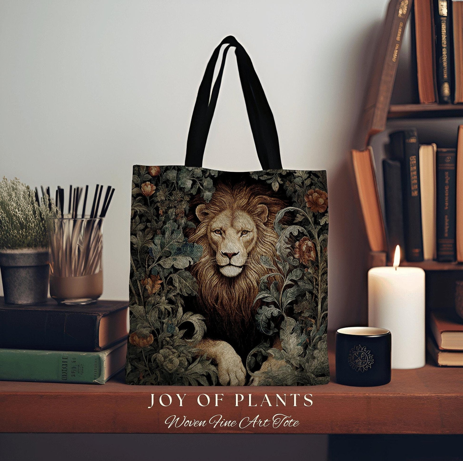 Lion Tote Bag Dark Botanical | William Morris Inspired Tote Bag Cottagecore Satchel Maximalist Woven Tapestry Tote Jungle Aesthetic Lion Bag