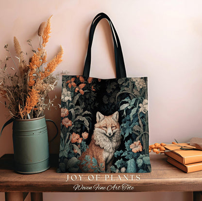 Witchy Woodland Fox Tapestry Tote | William Morris Inspired Tote Botanical Aesthetic Maximalist Tapestry Tote Woven Victorian Fairy Core Fox