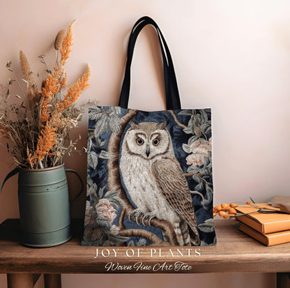 Pastel Gothic Owl Woven Tote | William Morris Inspired Tote Bag Aesthetic Botanical Tapestry Tote Woven Victorian Fairy Core Owl Tote Bag |