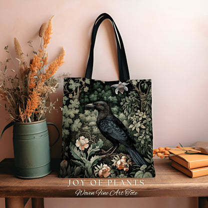 Tote Bag Crow Forestcore Aesthetic | Boho Cottagecore Accessory William Morris Inspired Handbag Satchel Fairycore Gift for Bestfriend |