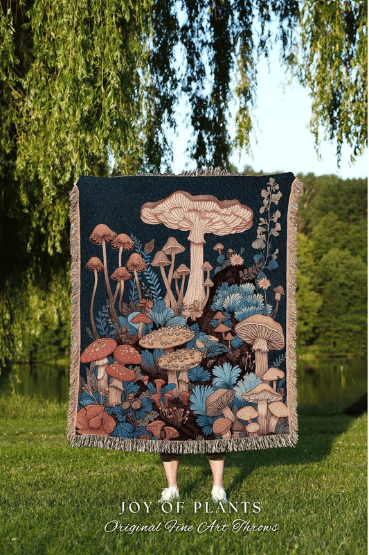 Mystic Forest Woven Fringe Blanket | Cottagecore Throw for Mushroom Lover Whimsical Room Decor Reading Nook Aesthetic Toadstool Tapestry |