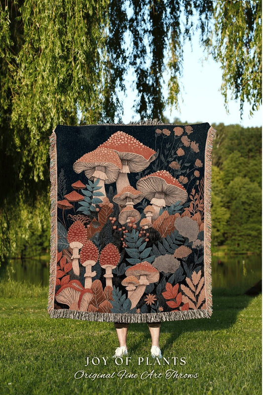 Fungi Blanket Woven Decor | Eclectic Throw for Mushroom Lover Gift Whimsical Room Decor Reading Nook Aesthetic Toadstool