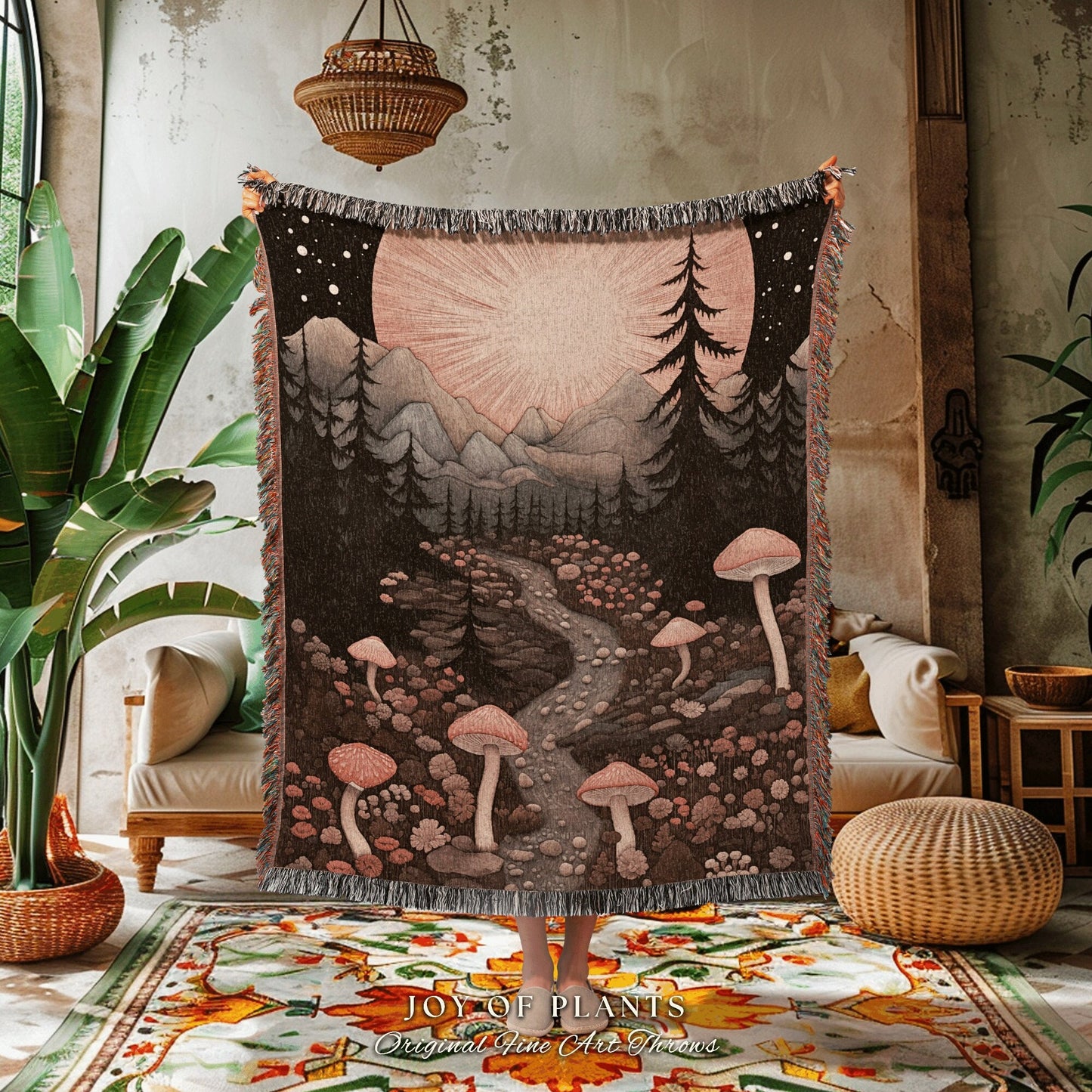 Woodland Mushroom Trail Cozy Throw | Cottagecore Fairytale Blanket Mystical Room Decor Mushroomcore Whimsical Gift for Mushroom Lover