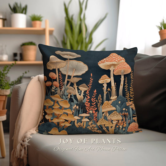 Mushroom Throw Pillow Faux Embroidery | Room Decor Eclectic Gift for Reading Nook Fairy Core Toadstool Cushion Woven Cottagecore Mycology |