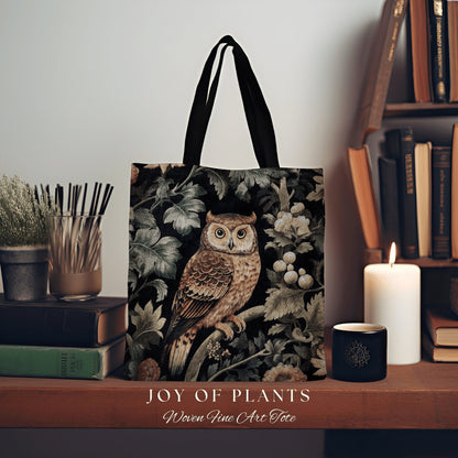 Owl Tote Bag Vintage Botanical | William Morris Inspired Tote Bag Pastel Goth Woodland Tapestry Tote Woven Victorian Fairy Core Owl Tote Bag