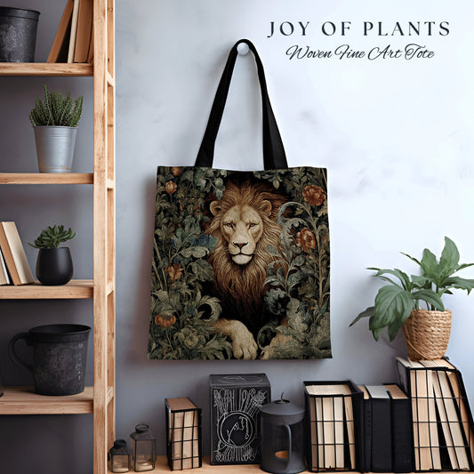 Lion Tote Bag Dark Botanical | William Morris Inspired Tote Bag Cottagecore Satchel Maximalist Woven Tapestry Tote Jungle Aesthetic Lion Bag