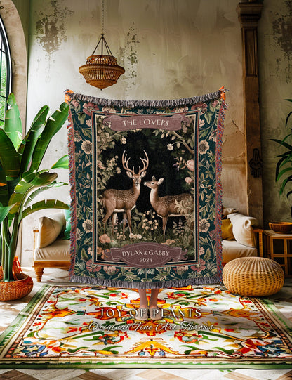 Outdoorsy Deer Couple Woven Blanket Custom | Victorian Gothic Forest Aesthetic Personalized Tapestry Wedding Unique Gift Idea for Girlfriend