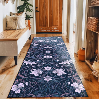 Colorful Floral Runner Rug Whimsical | Ornate Renaissance Style Art Deco Aesthetic Purple Dark Botanical Rug Morris Inspired Woodland Gothic