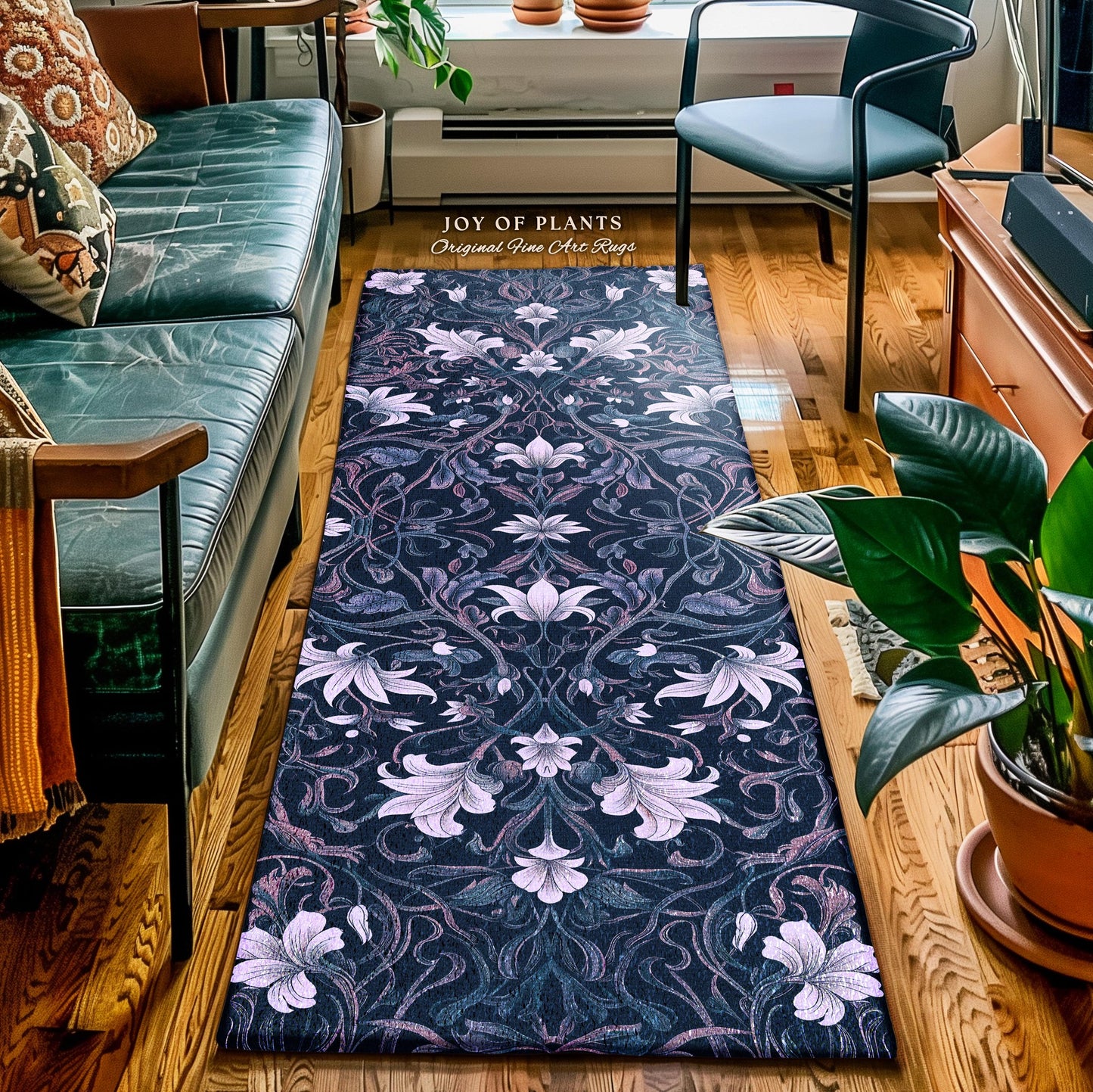 Colorful Floral Runner Rug Whimsical | Ornate Renaissance Style Art Deco Aesthetic Purple Dark Botanical Rug Morris Inspired Woodland Gothic