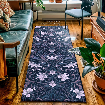 Colorful Floral Runner Rug Whimsical | Ornate Renaissance Style Art Deco Aesthetic Purple Dark Botanical Rug Morris Inspired Woodland Gothic