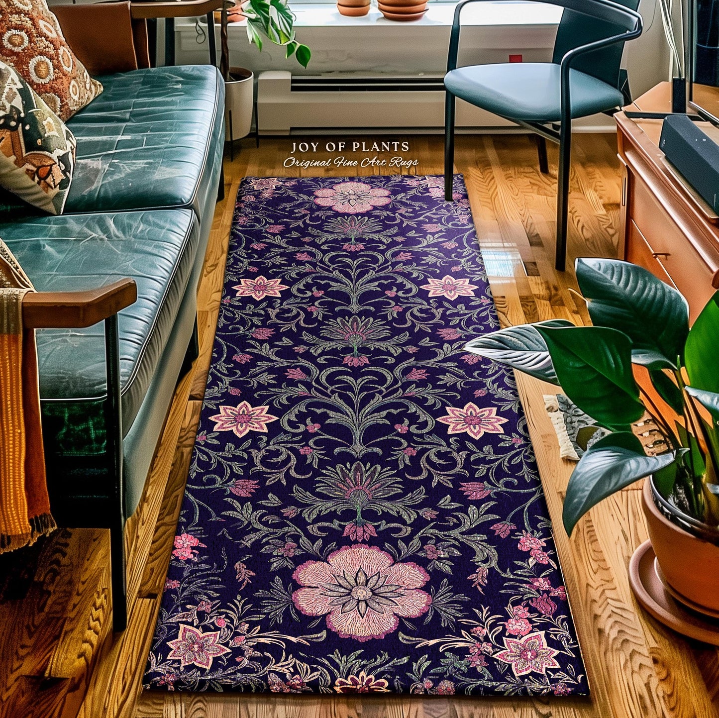 Runner Rug Whimsical Florals | Dark Renaissance Style Art Deco Aesthetic Purple Botanical Hallway Rug Morris Inspired Fairycore Gothic Room