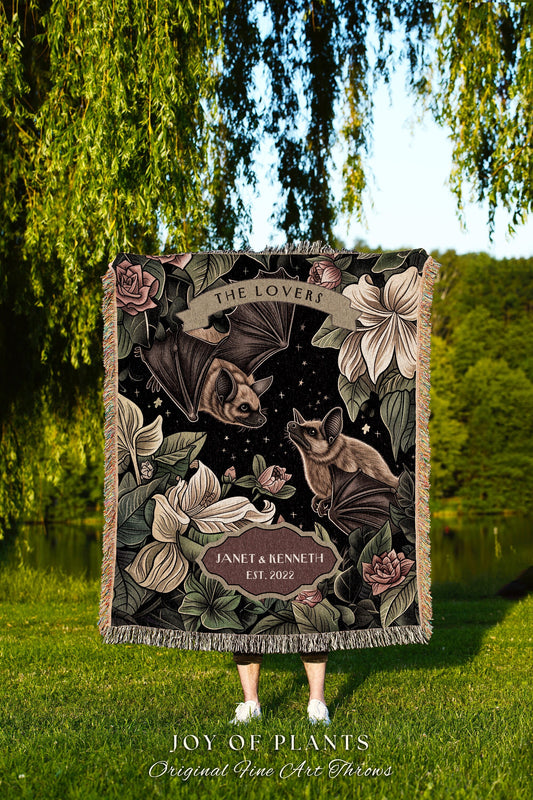 Dark Floral 'The Lovers' Bat Couple Throw | Whimsigoth Aesthetic Cottagecore Gift for Bat Lover Tapestry Woven Blanket Custom Anniversary |